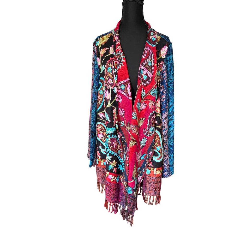 Soft Surroundings Wool Embroidered Fringe Cardigan M Boho Lightweight Travel